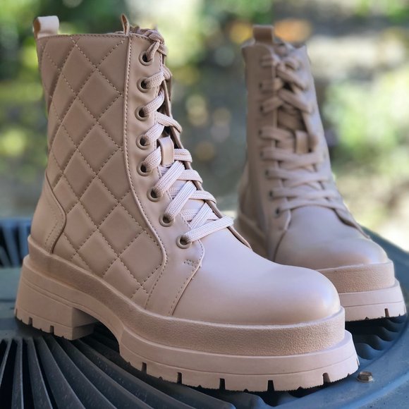 Liliana Shoes - [New] Nude Beige Quilted Laced Up Lug Sole Platform Combat Boots Booties Shoes